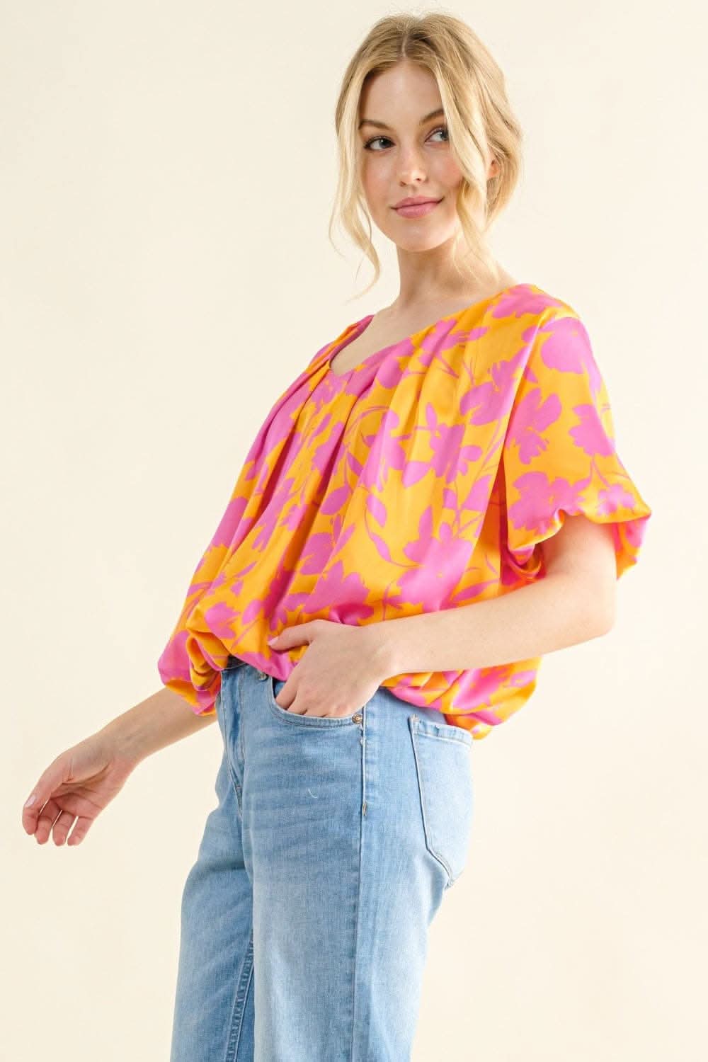 And The Why Full Size Printed Satin Bubble Hem Top - Love Salve